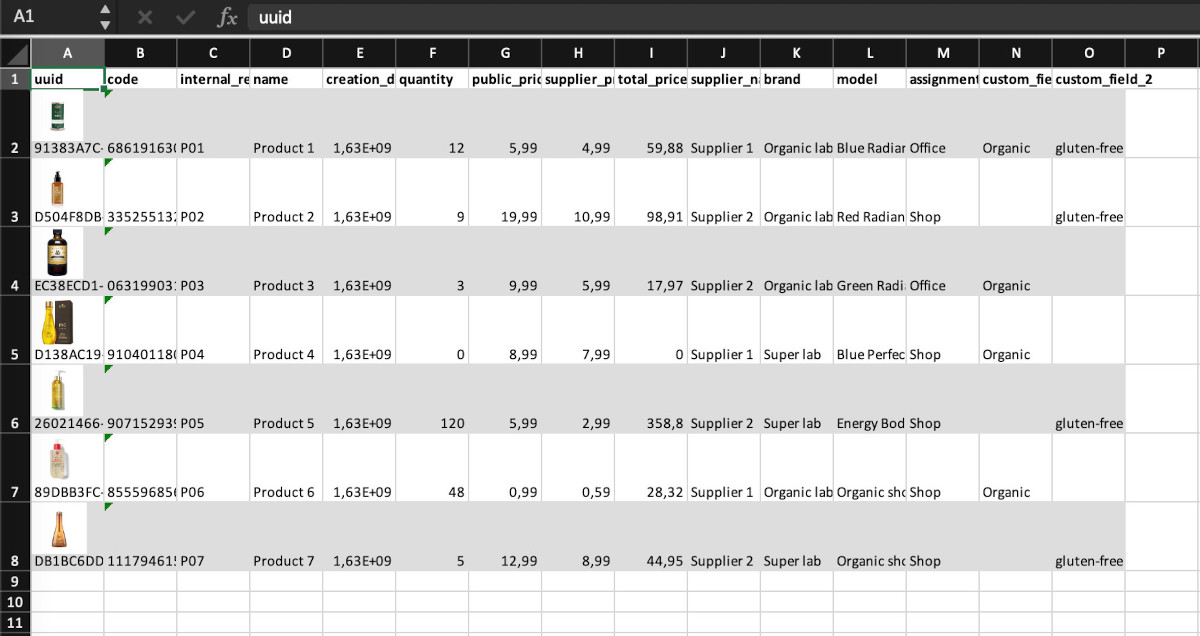Screenshot of excel export