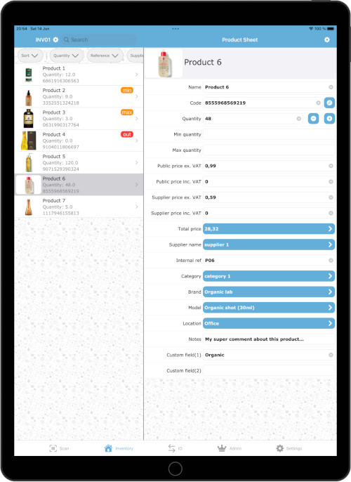 iPad screenshot view of Inventory with Barcode