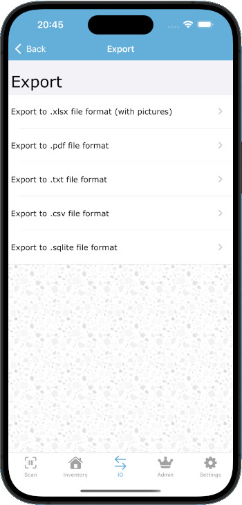 Export screnshot of Inventory with Barcode