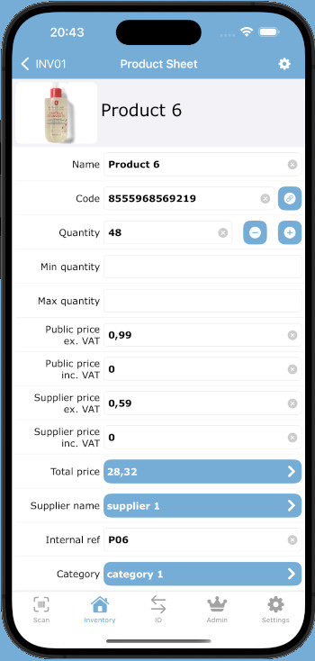 Product sheet of Inventory with Barcode
