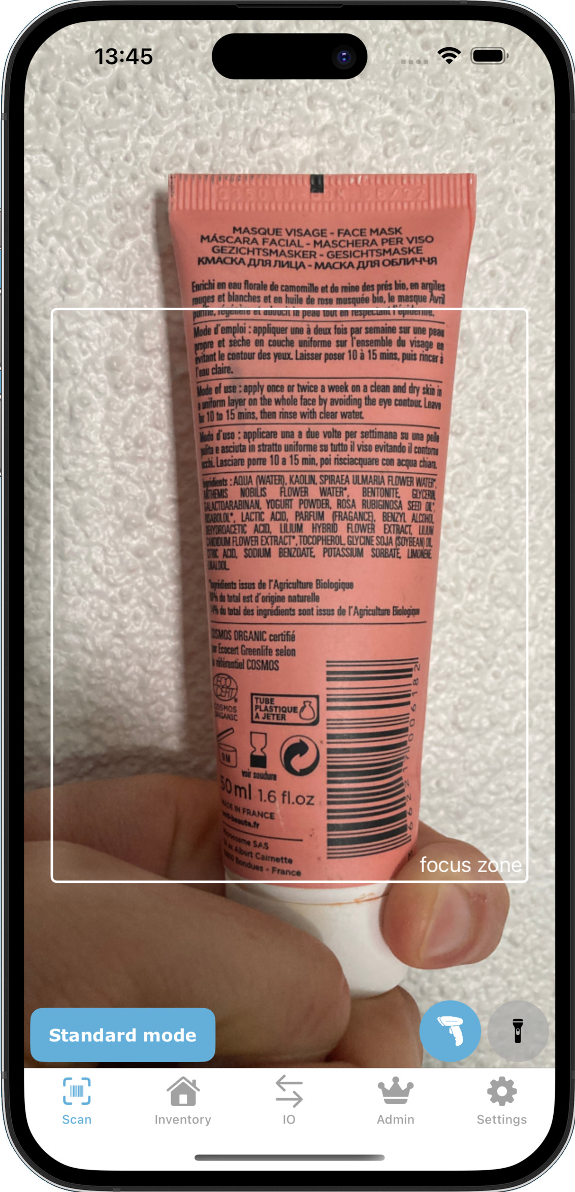 iPhone Screenshot of the view representing the barcode scan