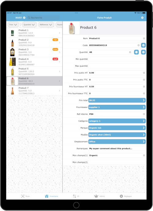 iPad Screenshot of the view representing the inventory view and the product sheet