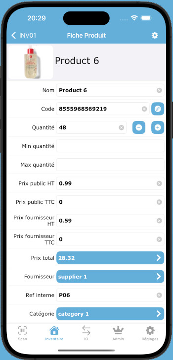 Fiche produit d'Inventaire par Code Barres