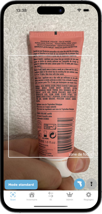 Screenshot iPhone de la vue réprésentant le scan par code barres