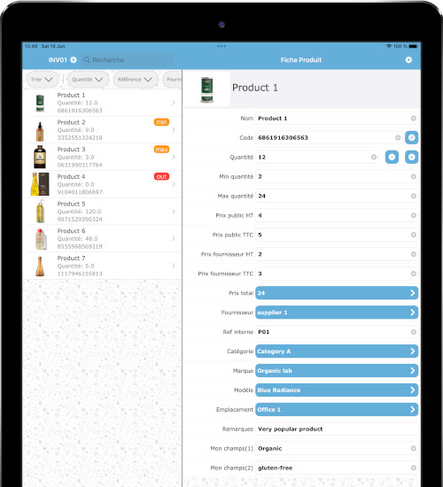 iPad Screenshot of the view representing the inventory view and the product sheet